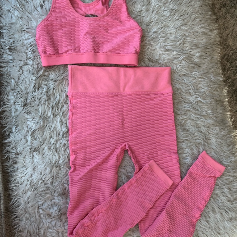 2 Pink Lily Sets: Pink And Black Textured Sports Bra and Leggings Sets